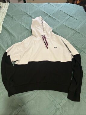 Vans Two-Tone Black and White Crewneck Hoodie with Pink Drawcords